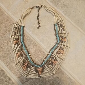 Bohemian Beaded Necklace - Cream, Brown, and Turquoise